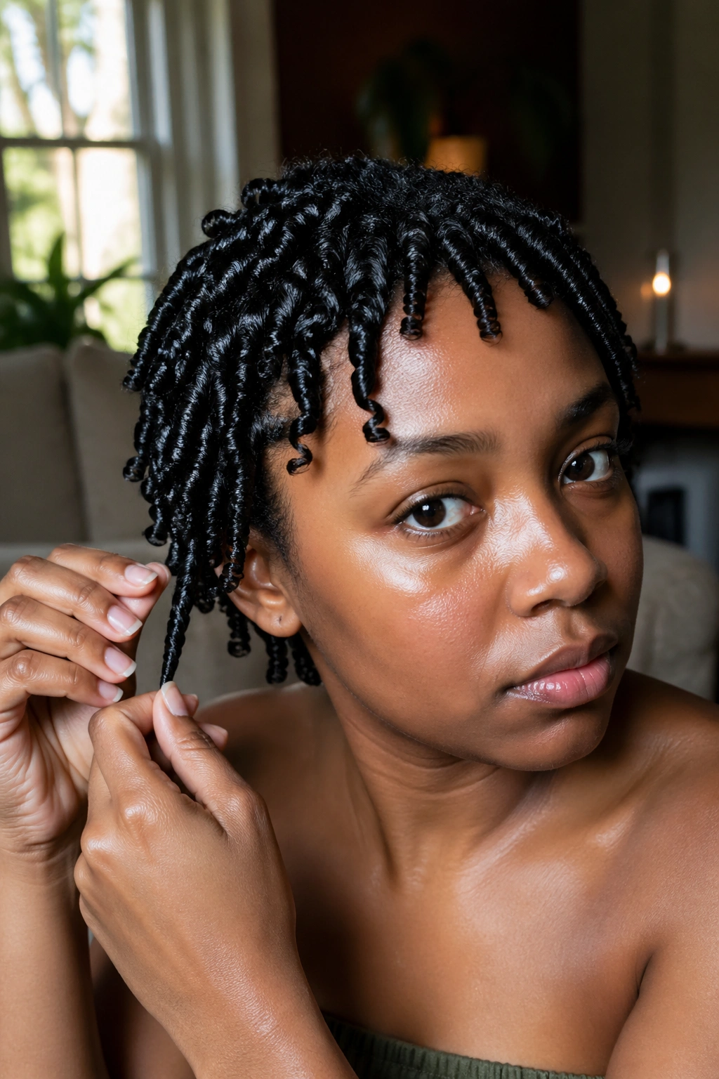 Real person with defined finger coils on fine hair in natural light
