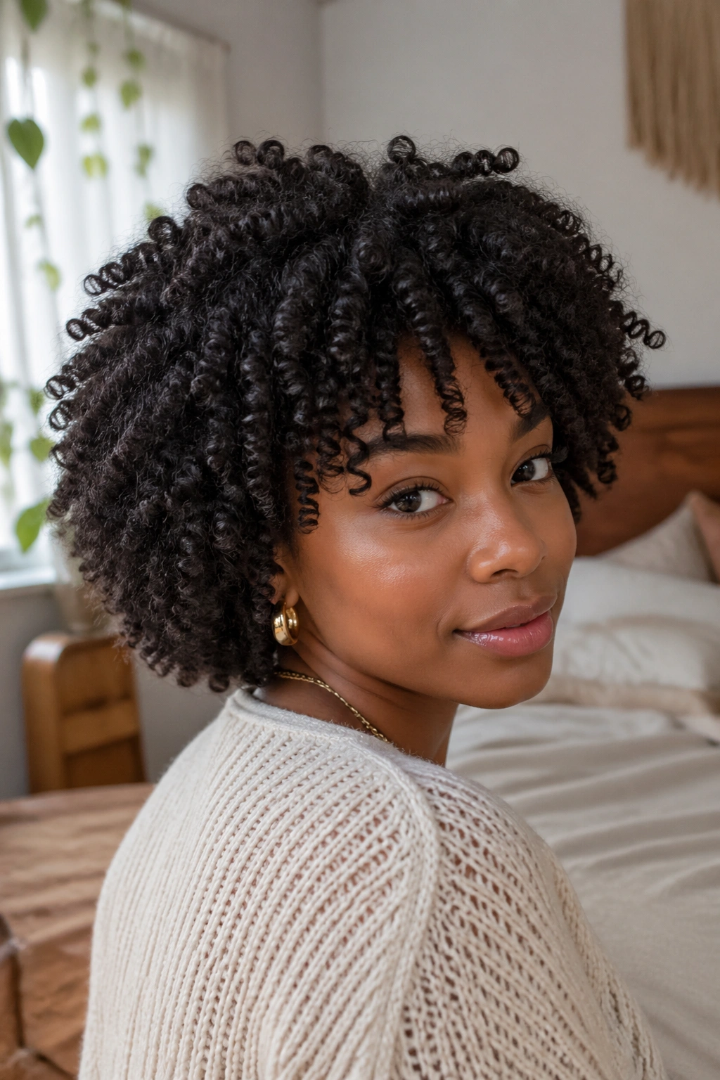Close-up portrait of a real person with fluffy finger coil blowout and voluminous curls