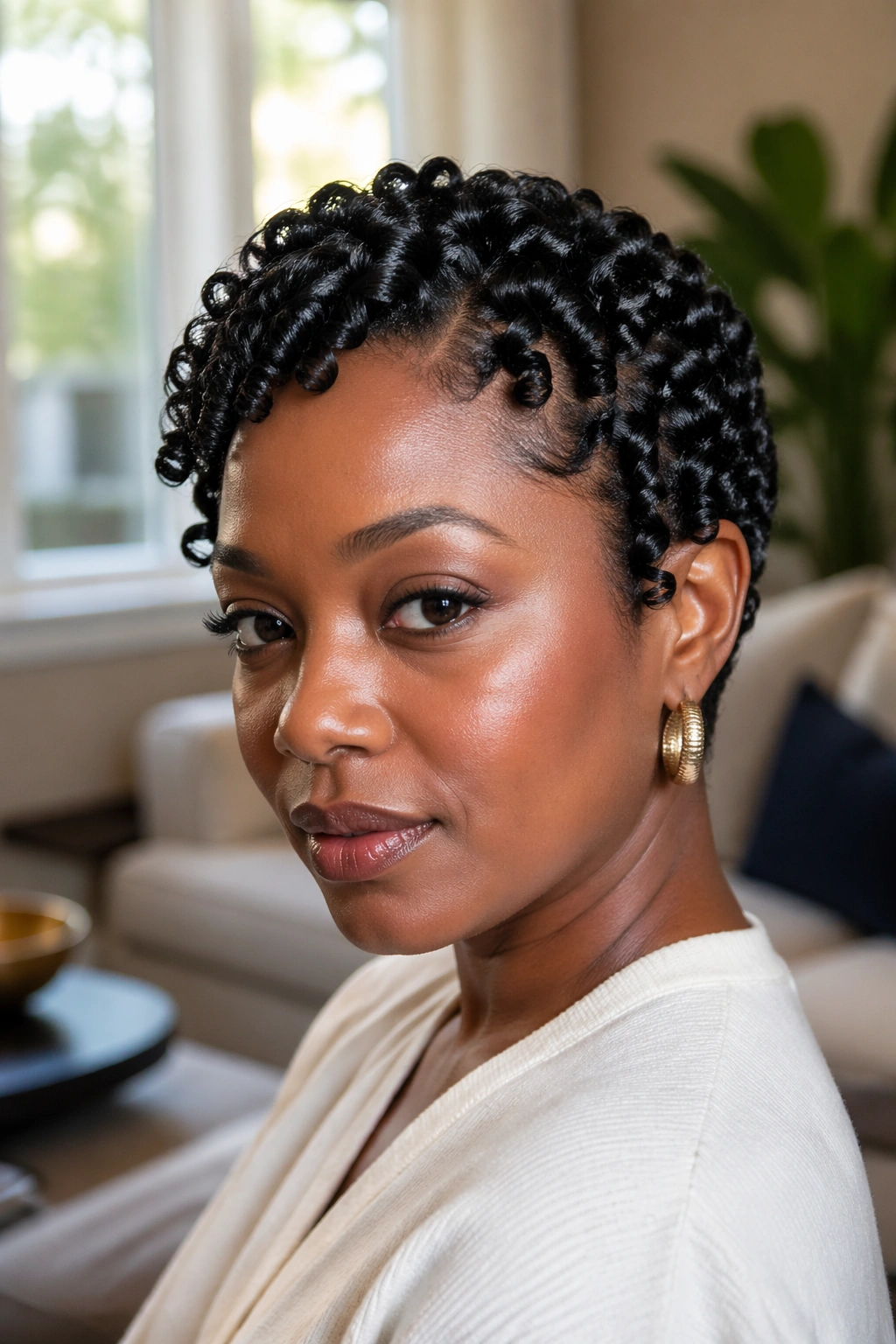 Portrait of a woman with finger coils forming glossy tight spirals