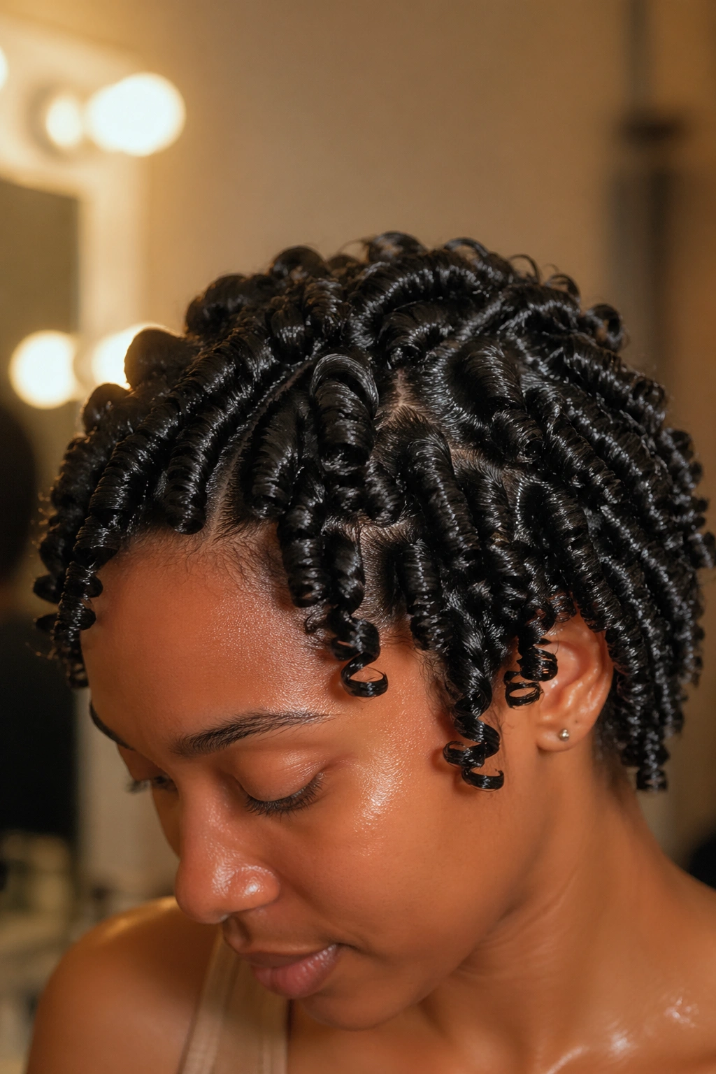 Close-up of a real woman with glossy finger coils