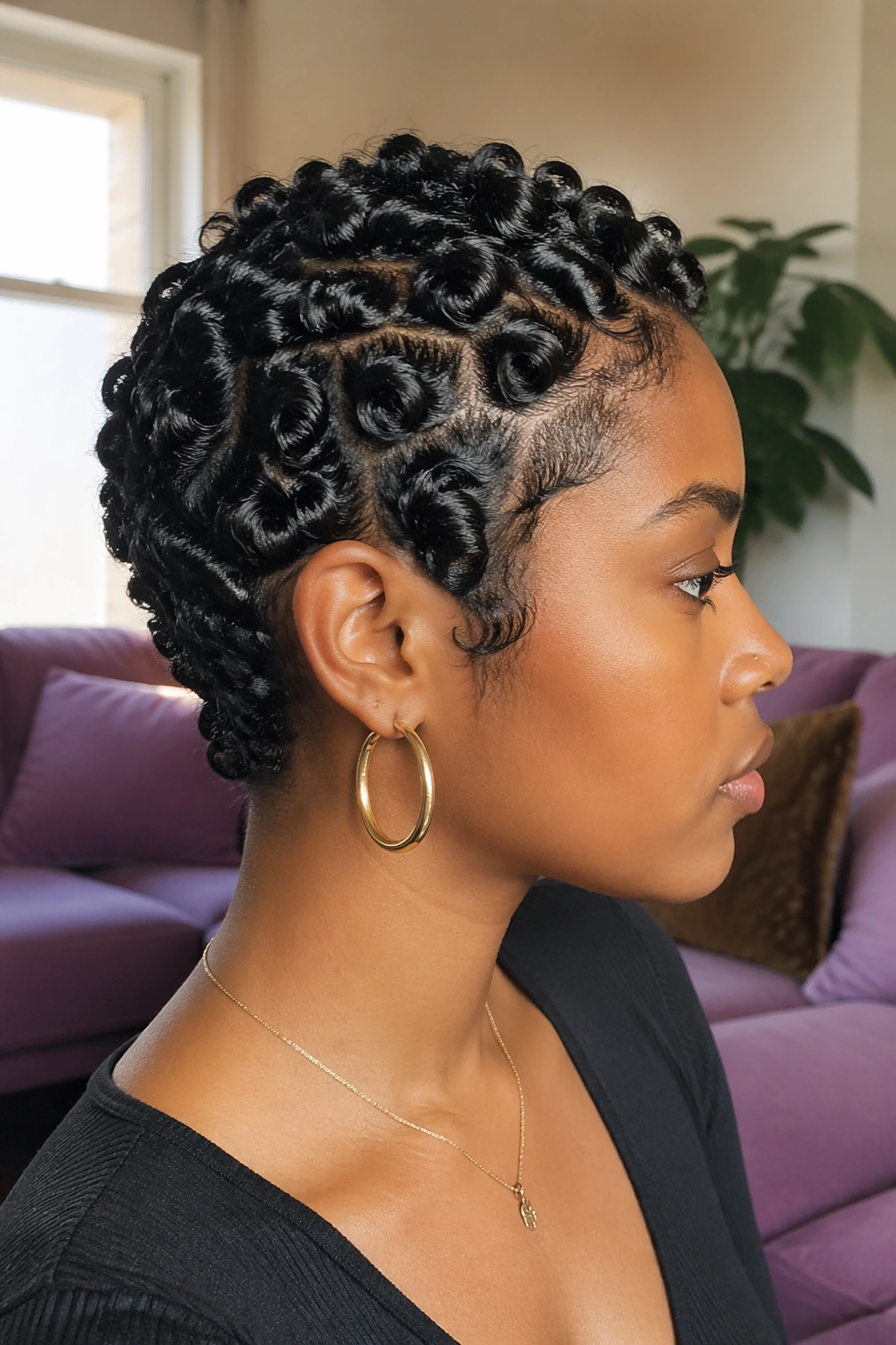 Side profile of finger coils hairstyle
