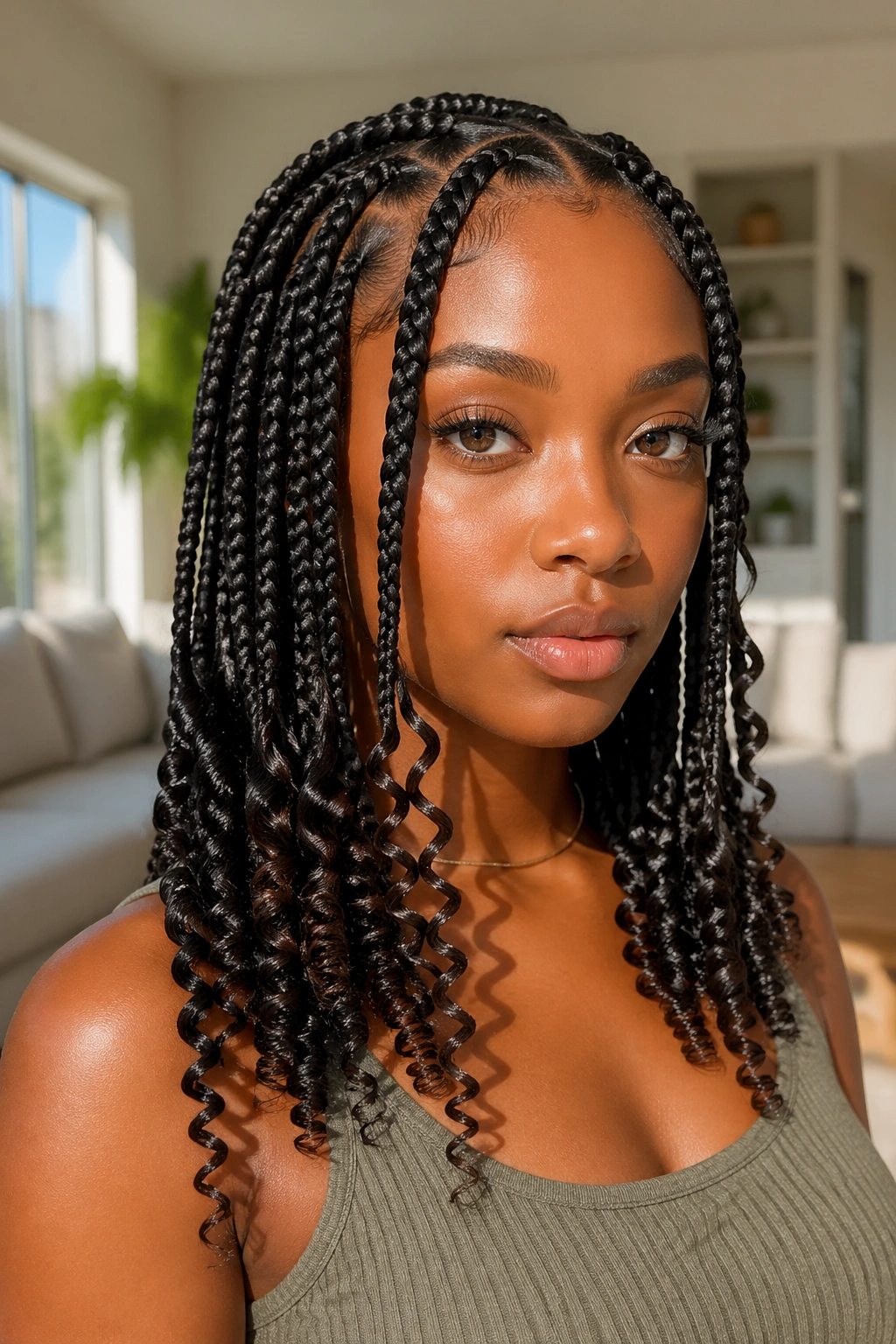 Close-up of a real woman's knotless braids ending in finger coils.
