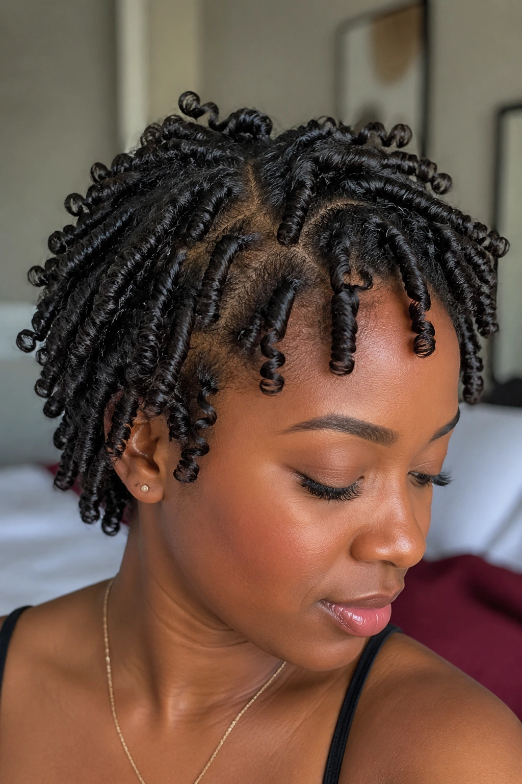 Close-up of finger coils on natural hair under warm window light