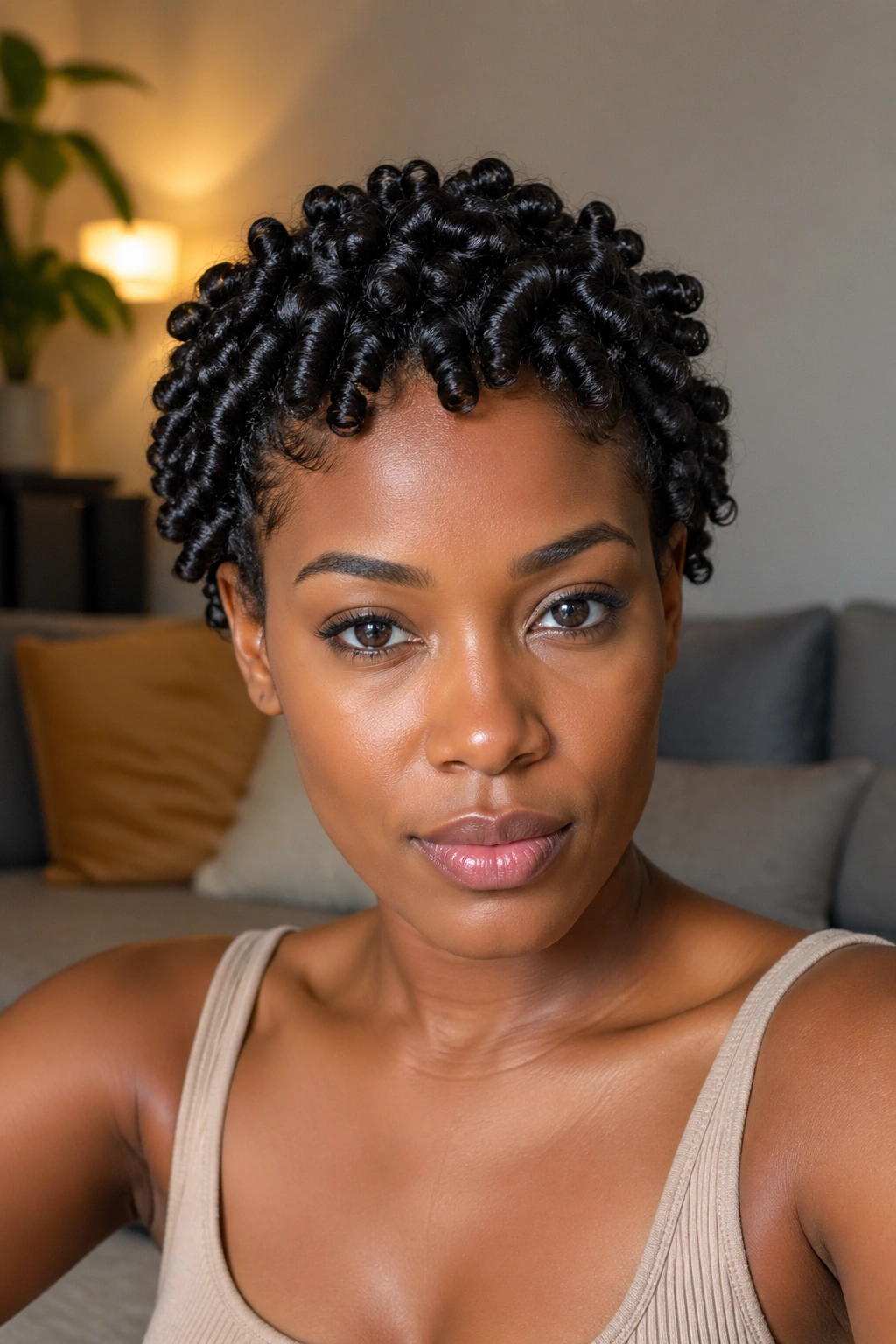Close-up of a real woman with finger coils hairstyle.