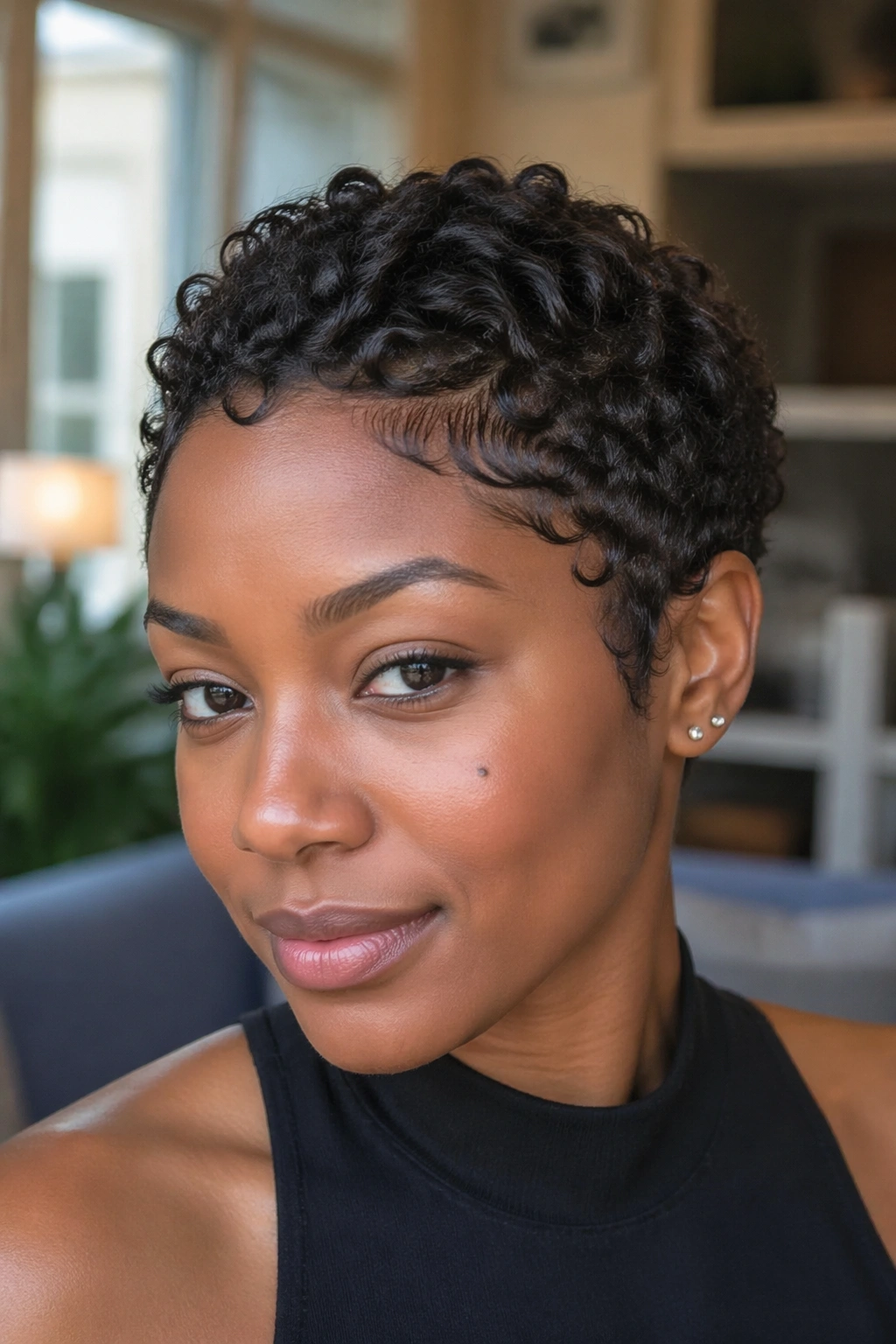 Close-up of a real woman with soft finger-coiled pixie curls in warm light