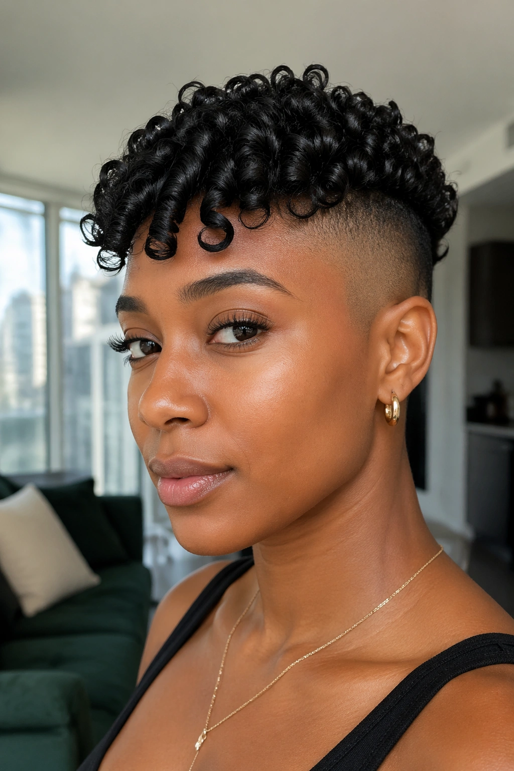Portrait of a person with finger-coiled curls and a high undercut.