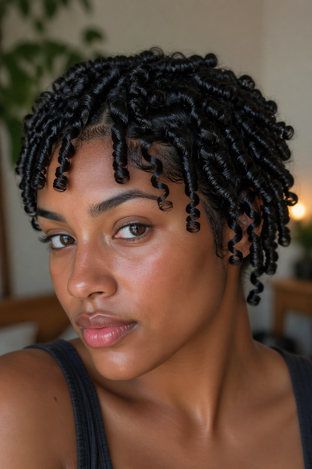 Close-up of woman finger coils on dense coil pattern