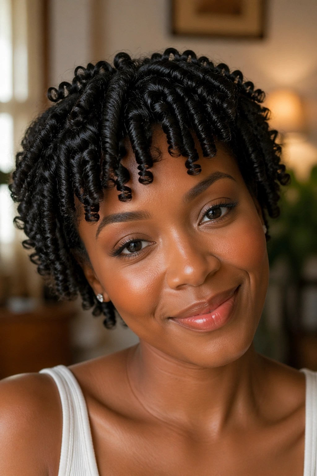 Close-up portrait of a real Black woman with finger coils filling the frame