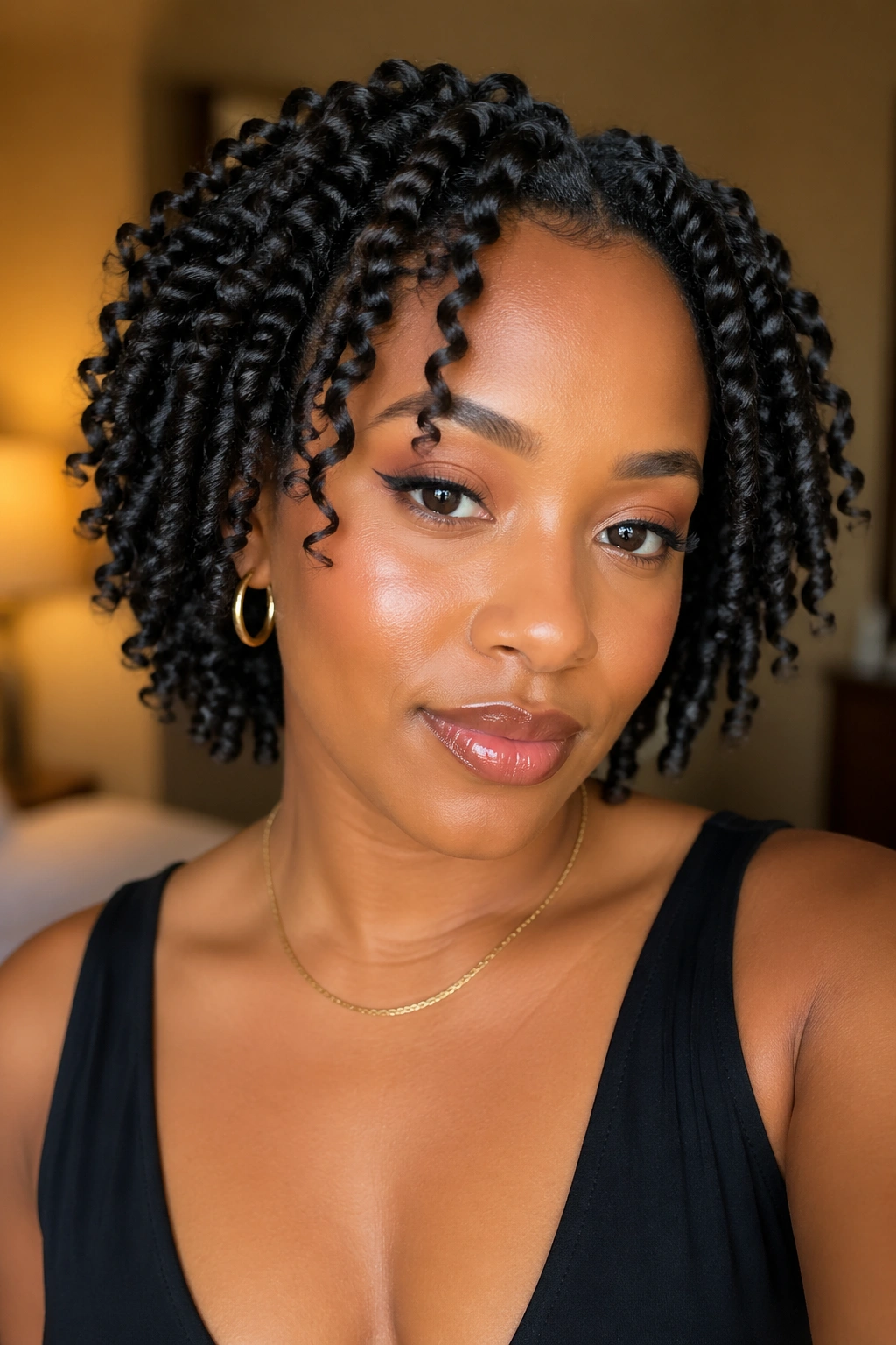 Close-up of a real woman with glossy finger coils.
