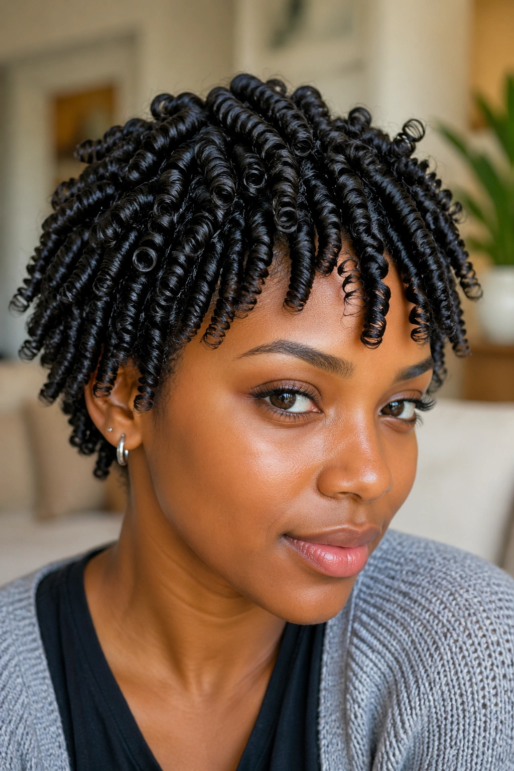 Close-up portrait of a real woman with finger coils