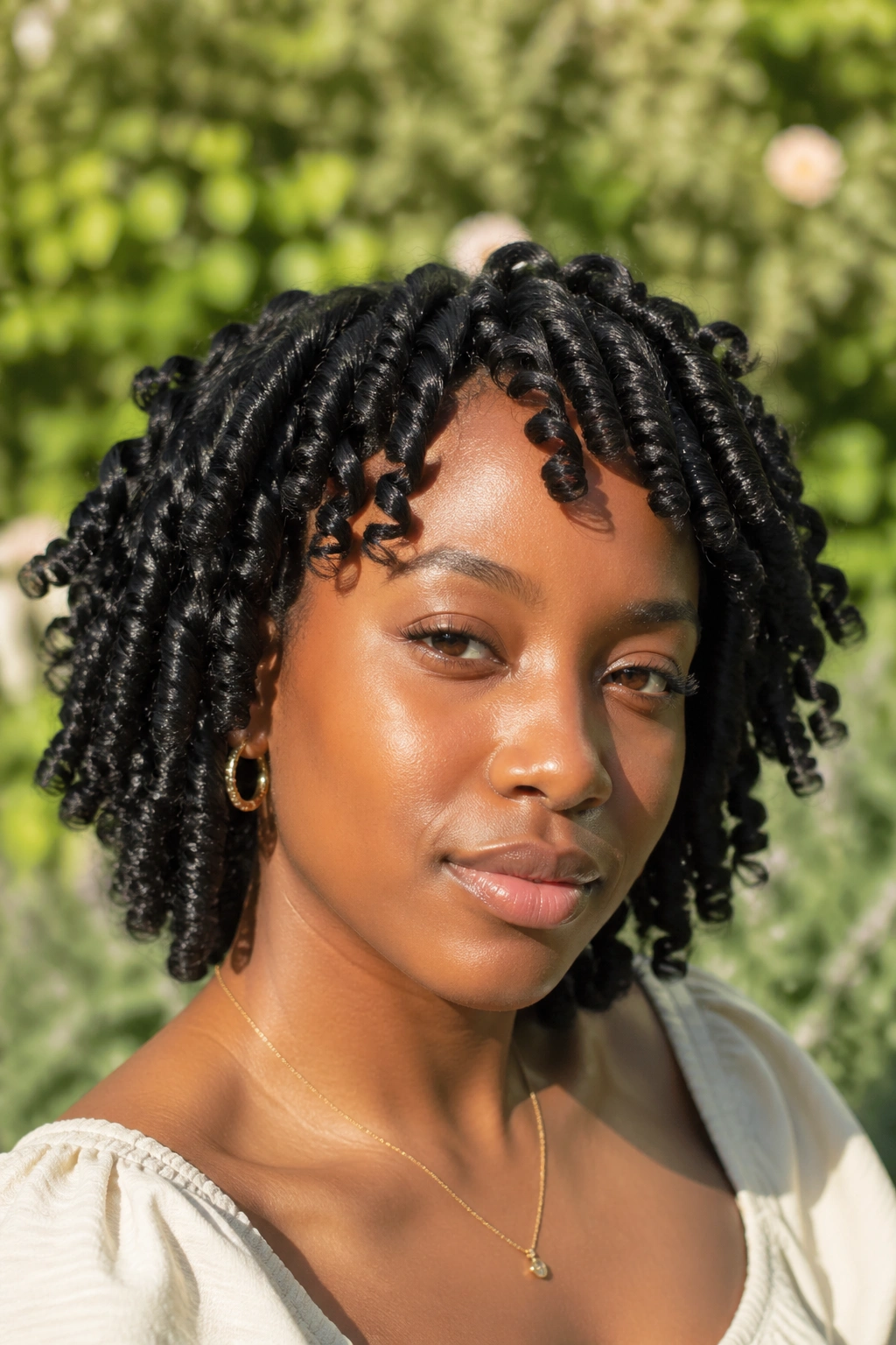 Close-up of a real woman with finger coil curls outdoors in sunlight