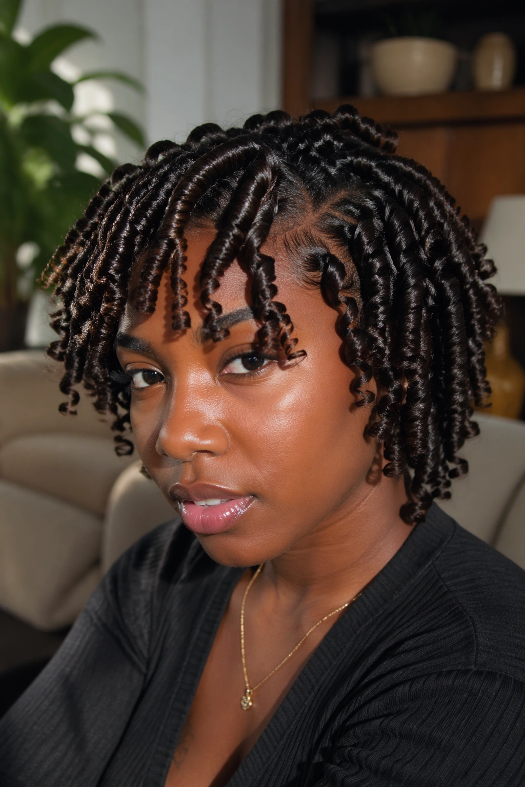 Close-up of a real person with finger coils showing tight spirals