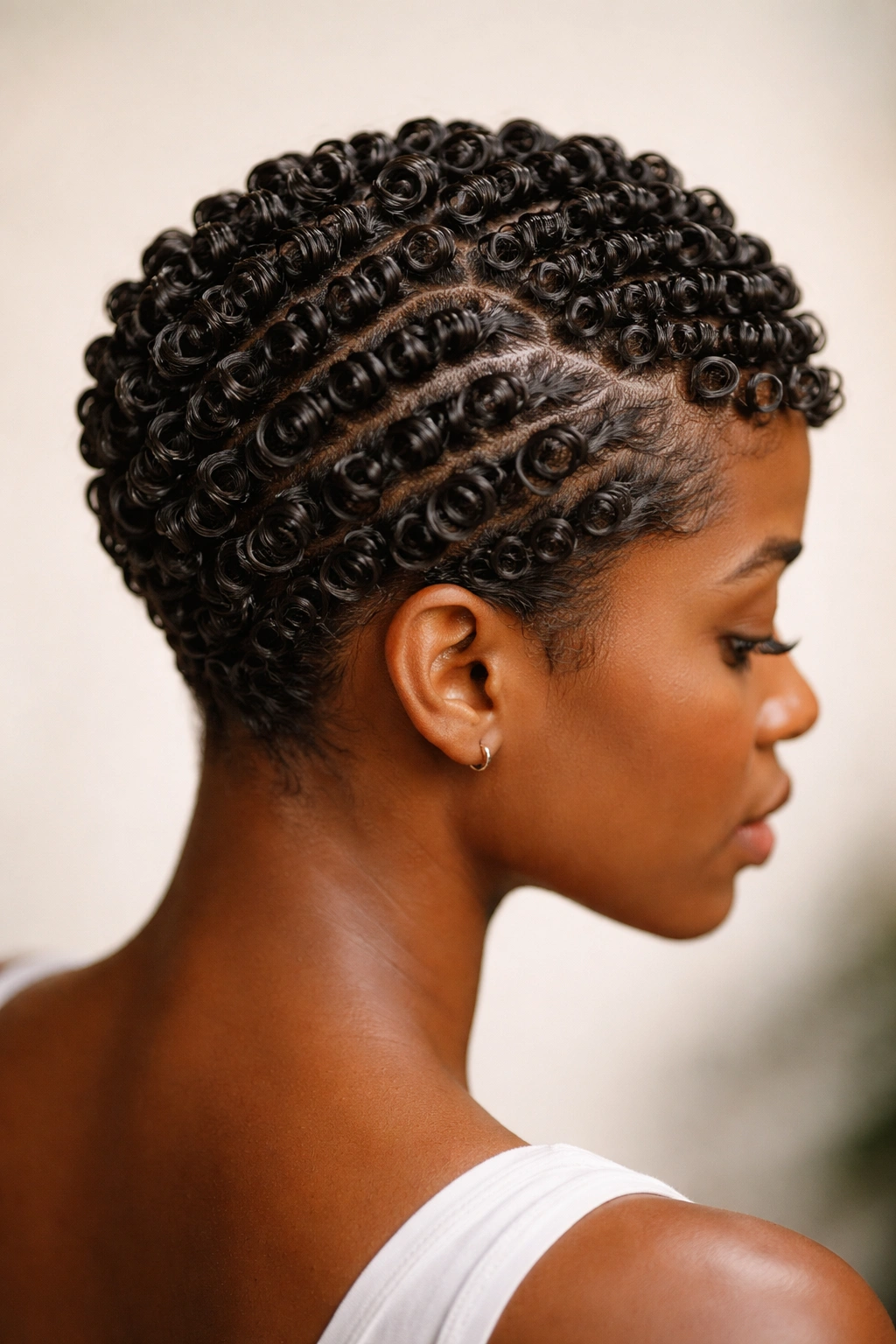Close-up of finger coils creating neat spirals with clean partings on sculpted curls.