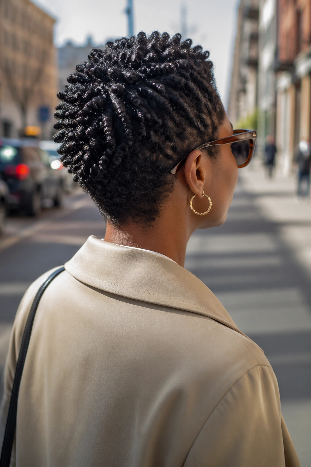 Over-the-shoulder street shot of finger-coiled crop.