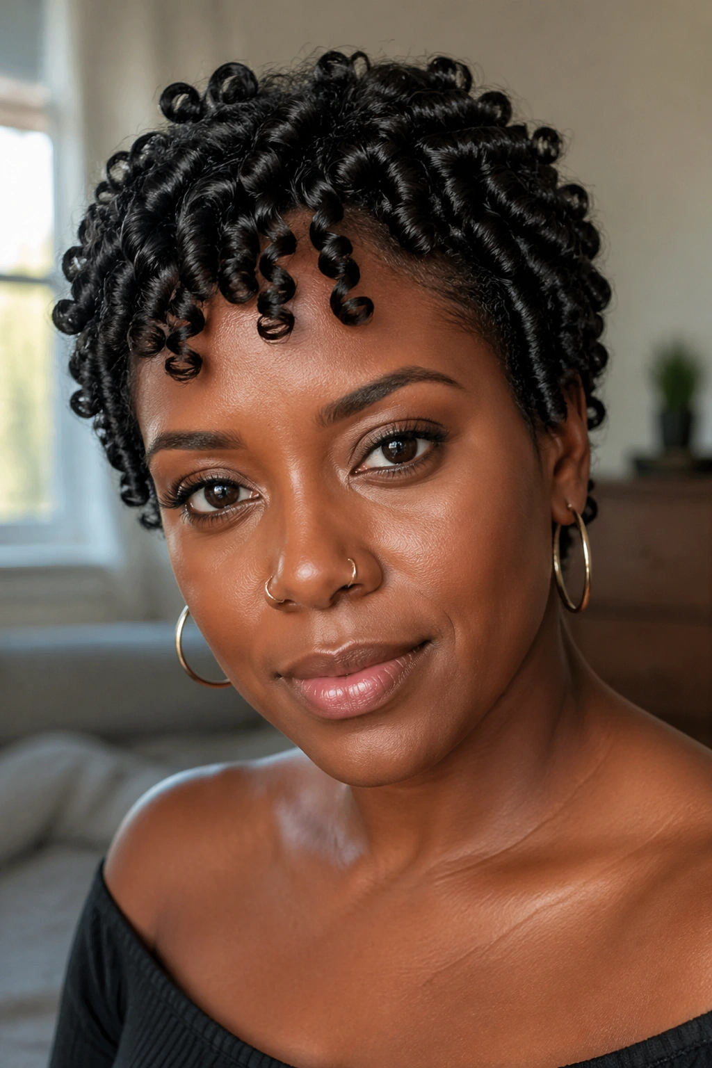 Close-up of finger coils on short Type 4 hair.