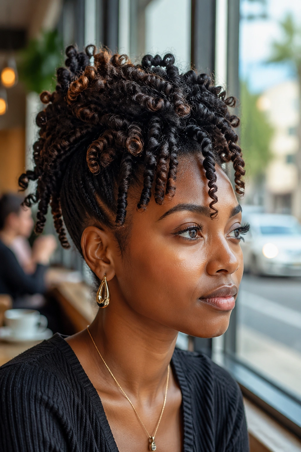 Close-up portrait of a Black woman with finger coil updo