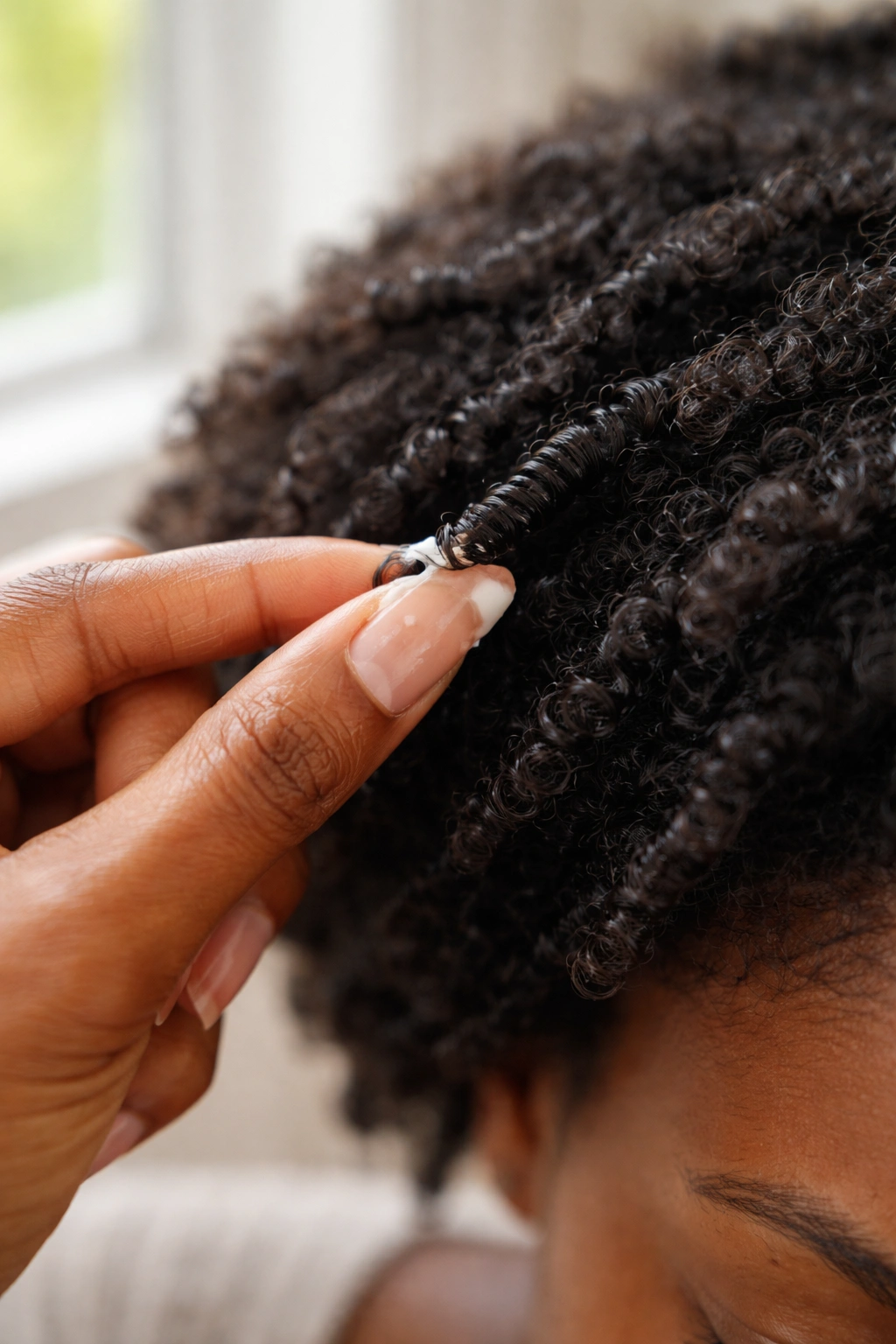 Close-up of finger curling a single curl during a touch-up
