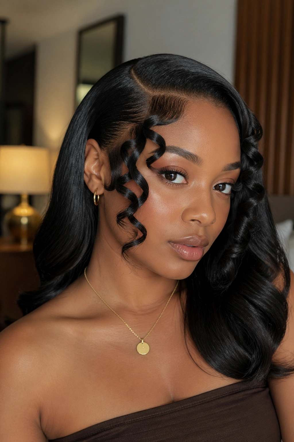 Close-up of a real woman with glam side part and finger-curled front pieces