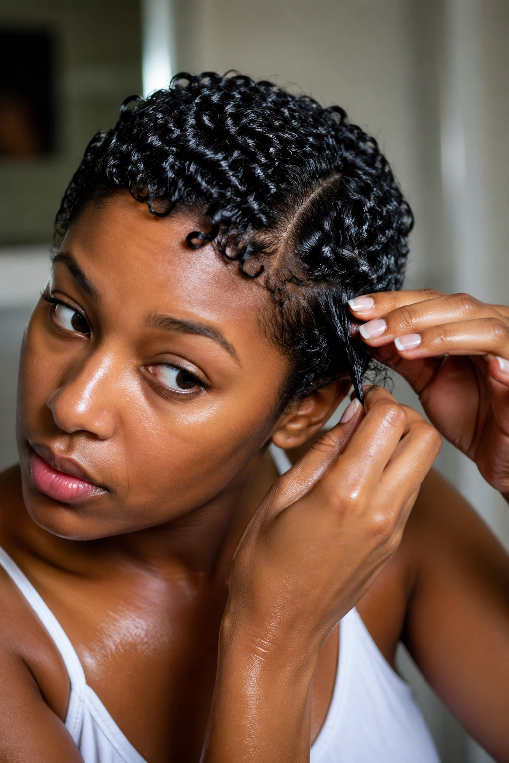 Real person finger-coiling short natural hair for Jerry Curl styling