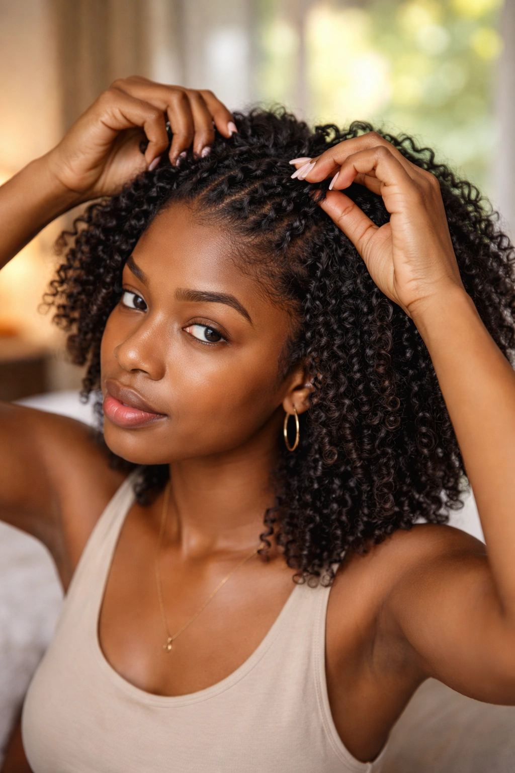 Close-up of a real woman finger curling shoulder-length natural hair in warm window light