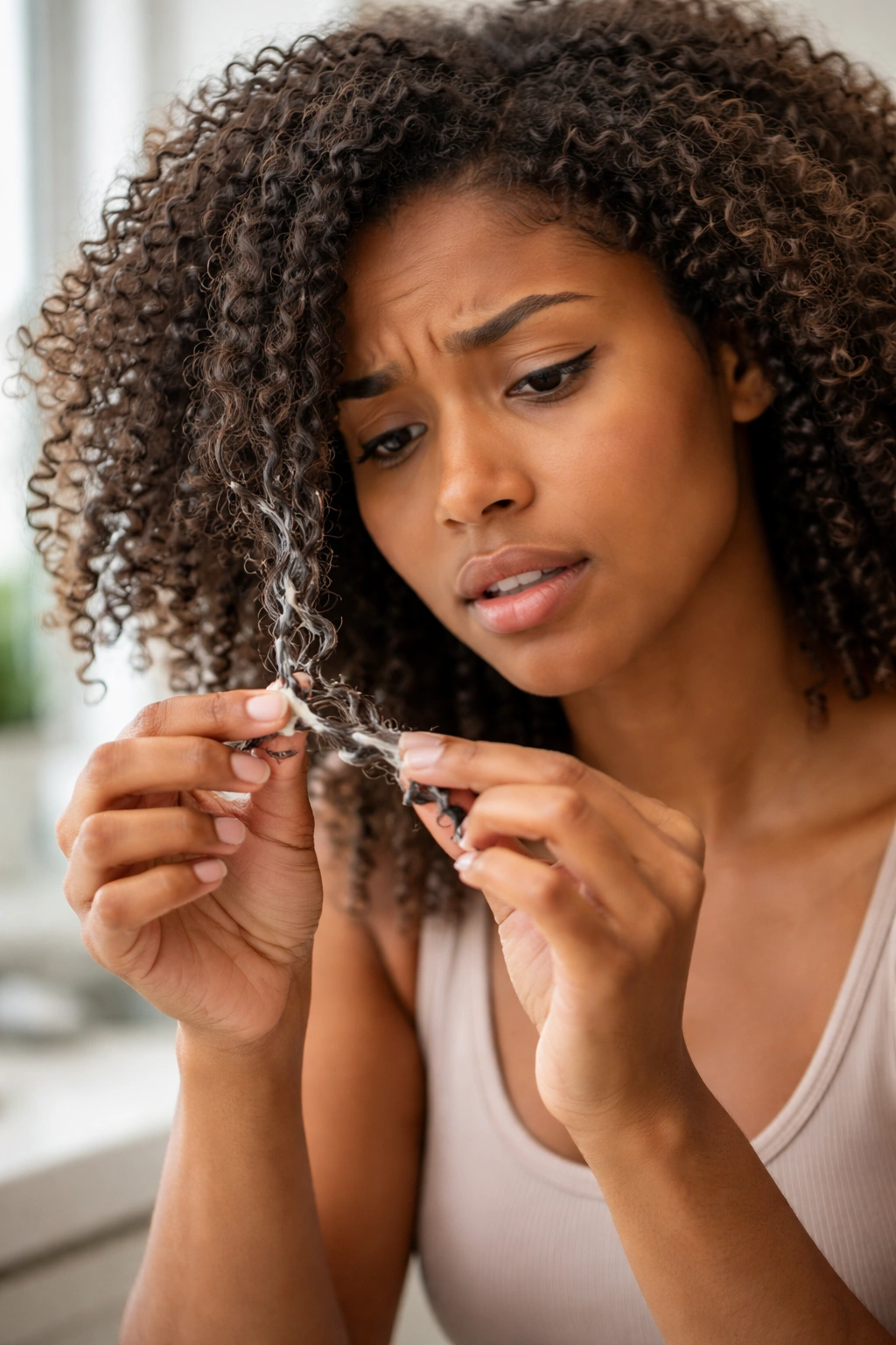 Close-up of frizzy finger curls with a hand applying product to fix them
