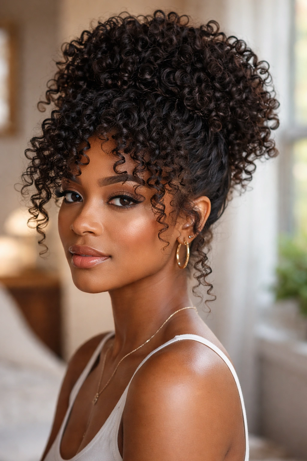 Real woman with finger curls updo, face framed by curls