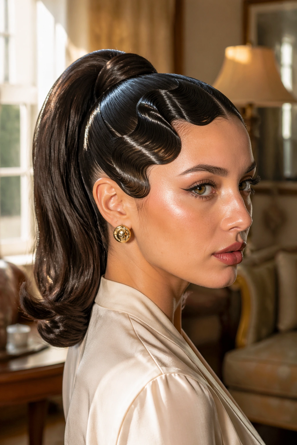 Real woman with finger-wave high ponytail in sunlit vintage room