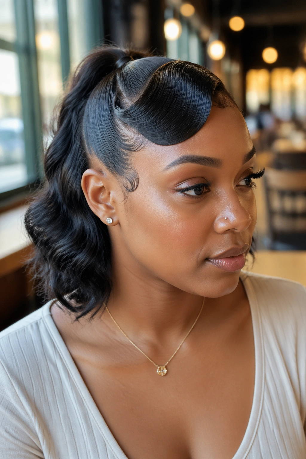 Close-up of a real woman with finger waves and a low half pony, in a sunlit cafe.