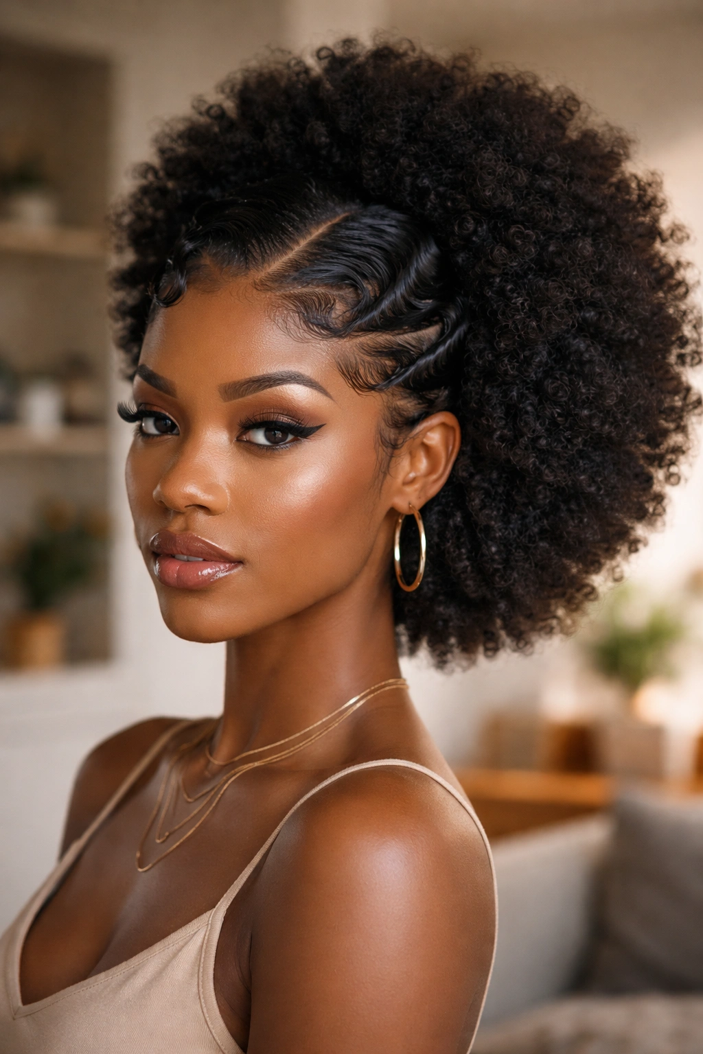 Portrait of woman with glued-down finger waves at the front and afro back.