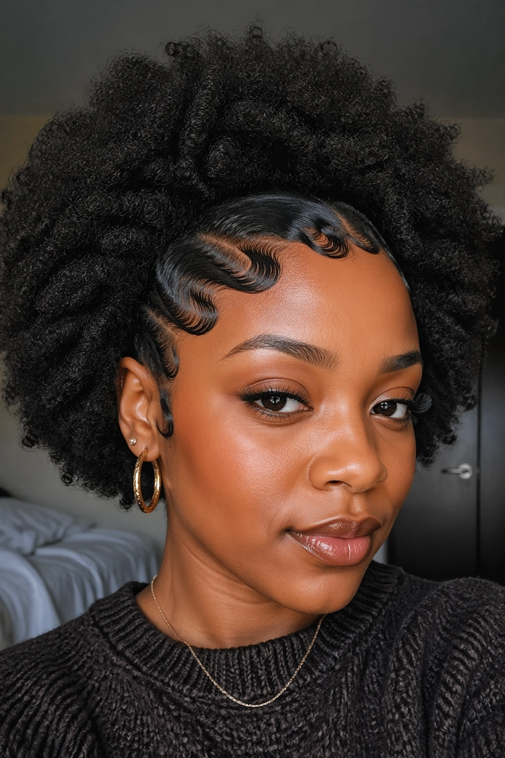 Close-up of a real person with finger wave edges along the hairline and an Afro