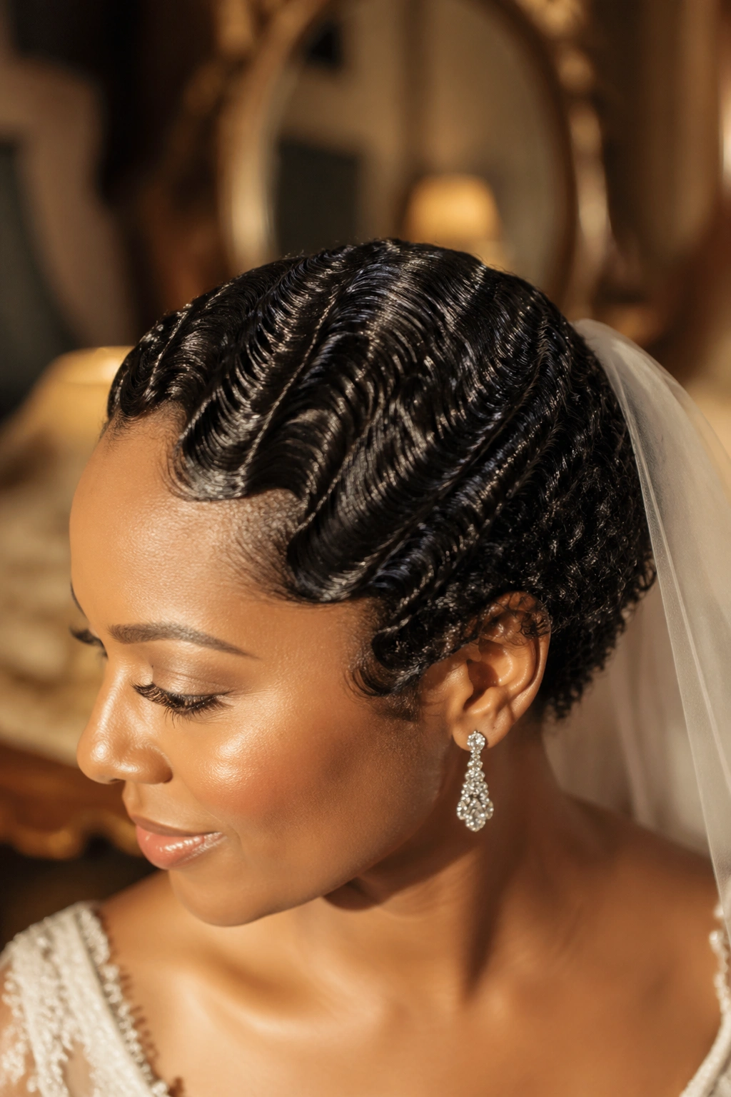 Close-up of defined finger waves at the crown on a real bride.