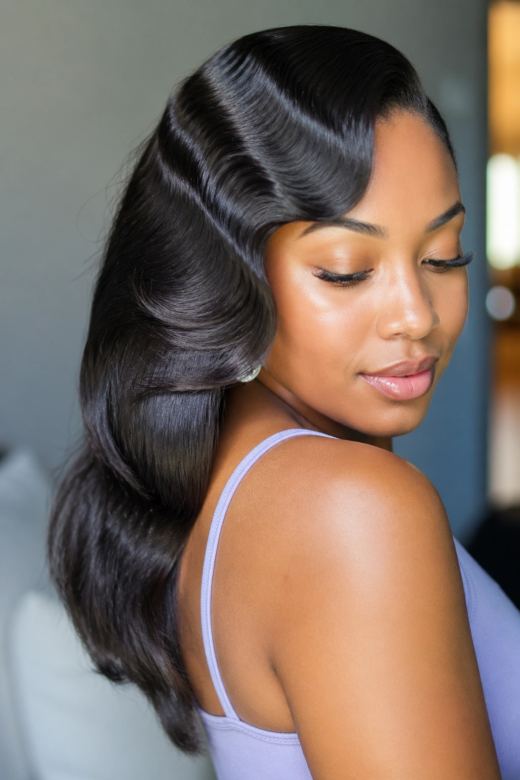 Real woman with side-swept silk press and crown finger waves