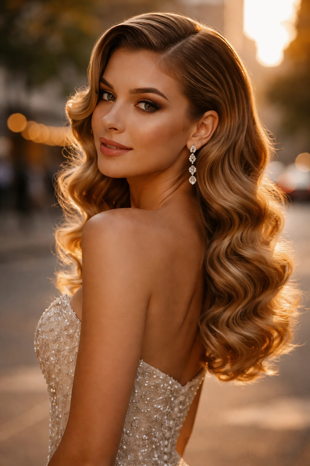 Golden-hour portrait of finger waves with curly ends on curly hair.