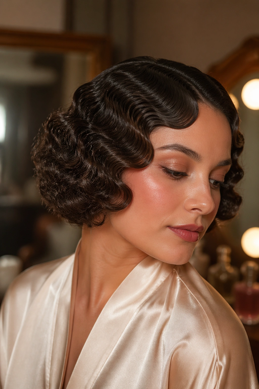 Portrait of a woman with vintage finger waves on a curly bob in a retro dressing room