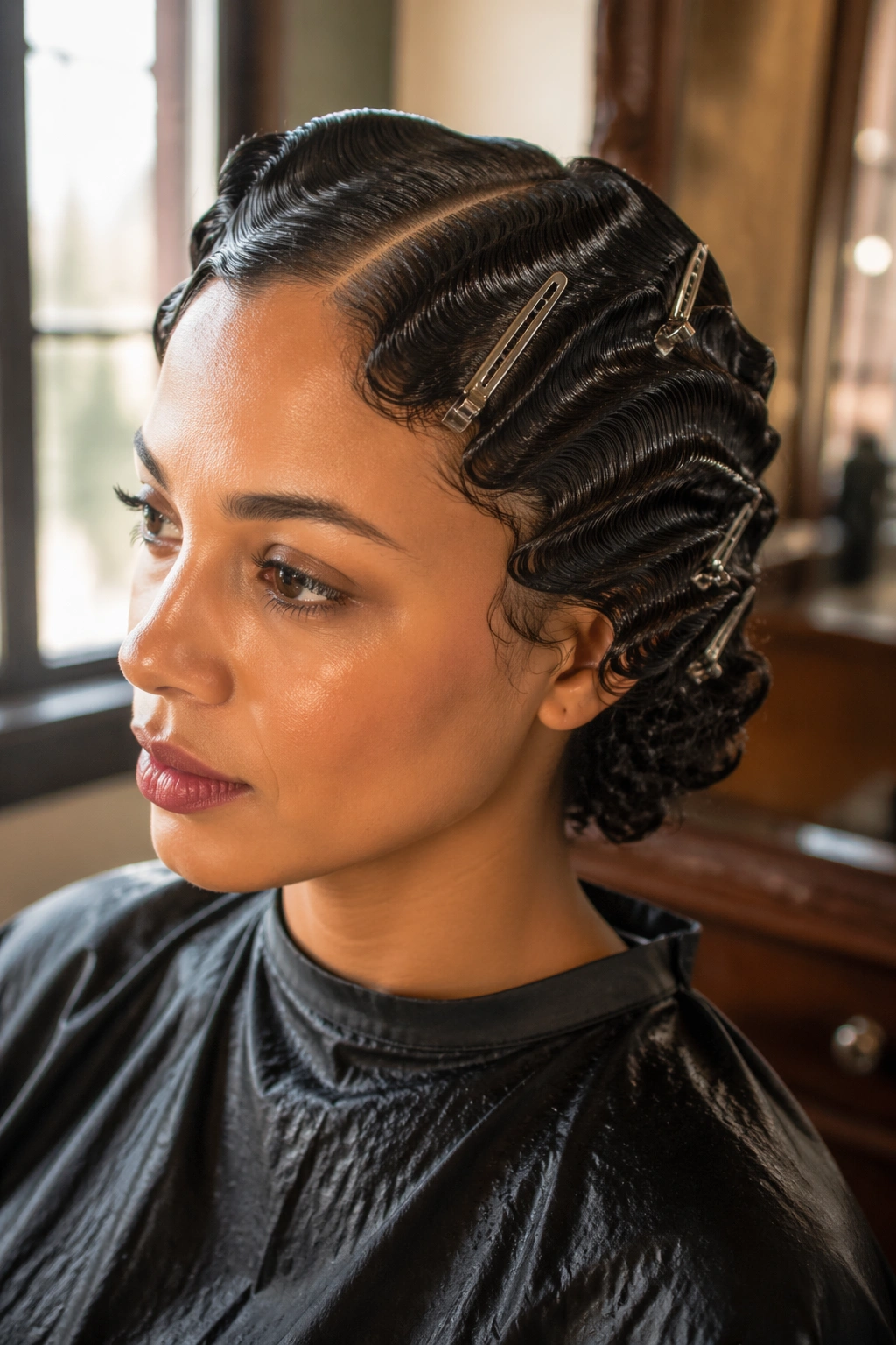 Close-up portrait of a real woman with sculpted finger waves on curly hair in warm window light