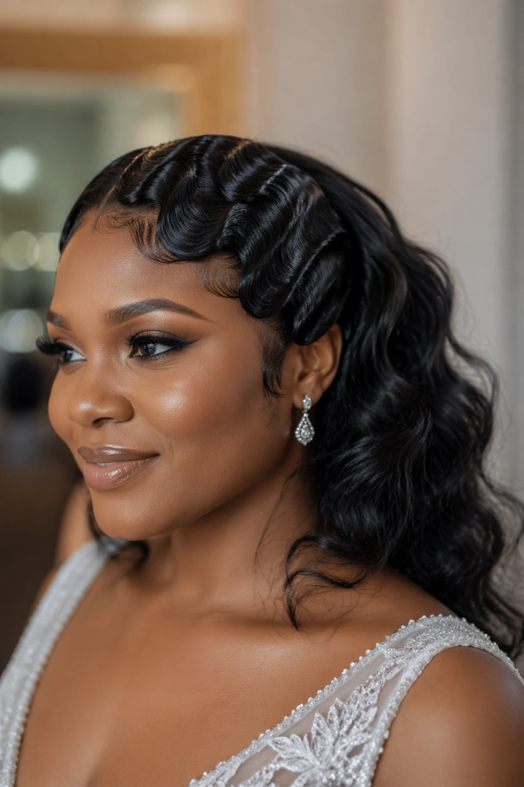 Close-up of a real woman with finger waves at the front and a loose back