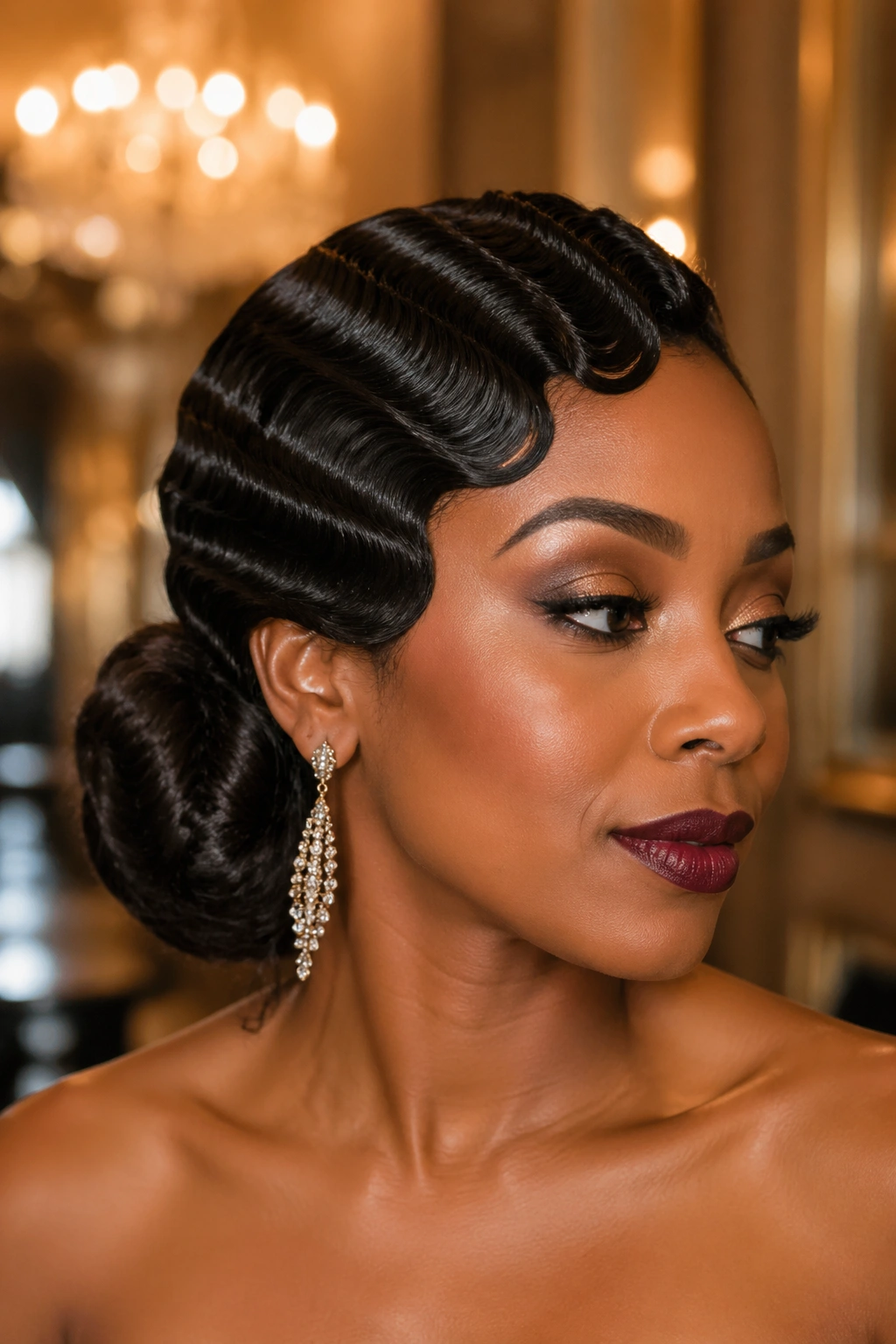 Portrait of a real person with finger waves and a low bun at the nape