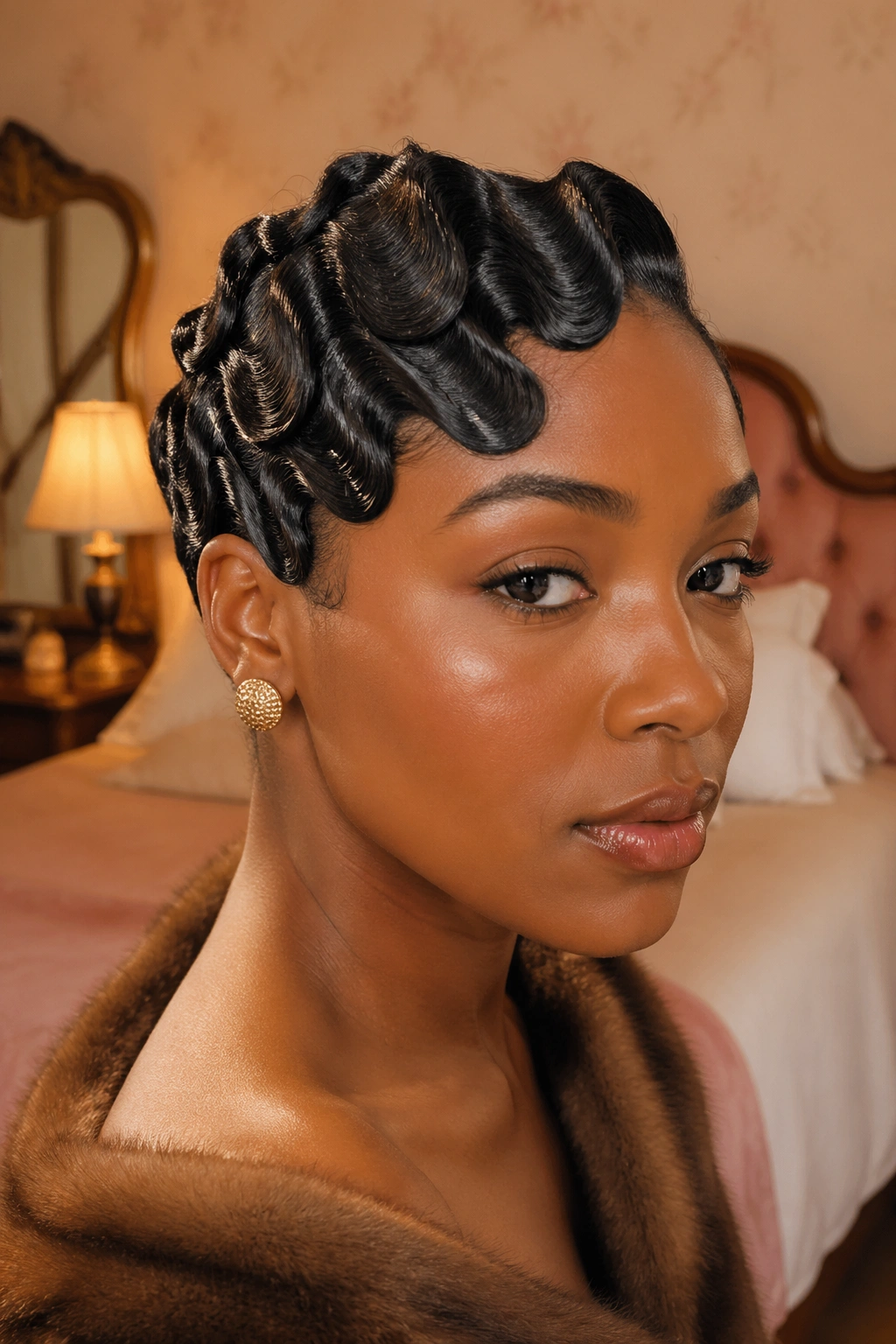 Close-up of a real woman with vintage finger waves and rear pin curls