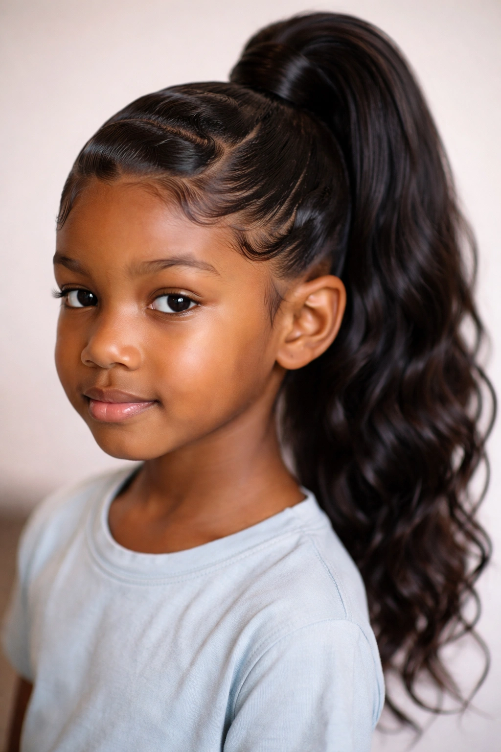 Front hair styled in finger waves leading into a high ponytail