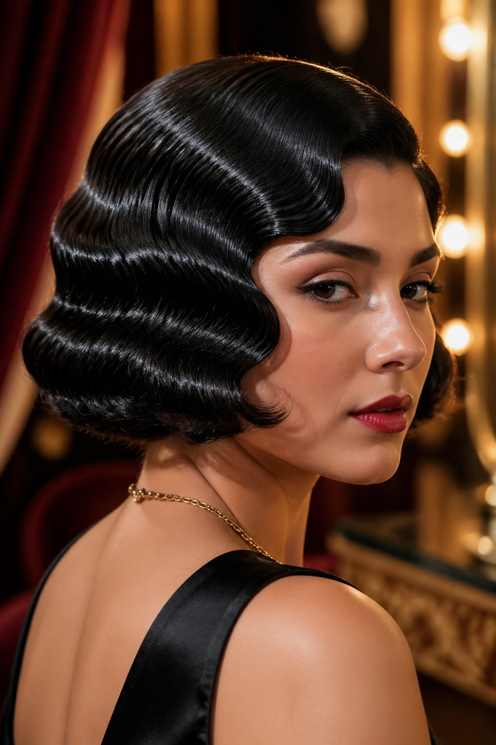 Close-up of a real woman with dark hair in glossy retro finger waves.