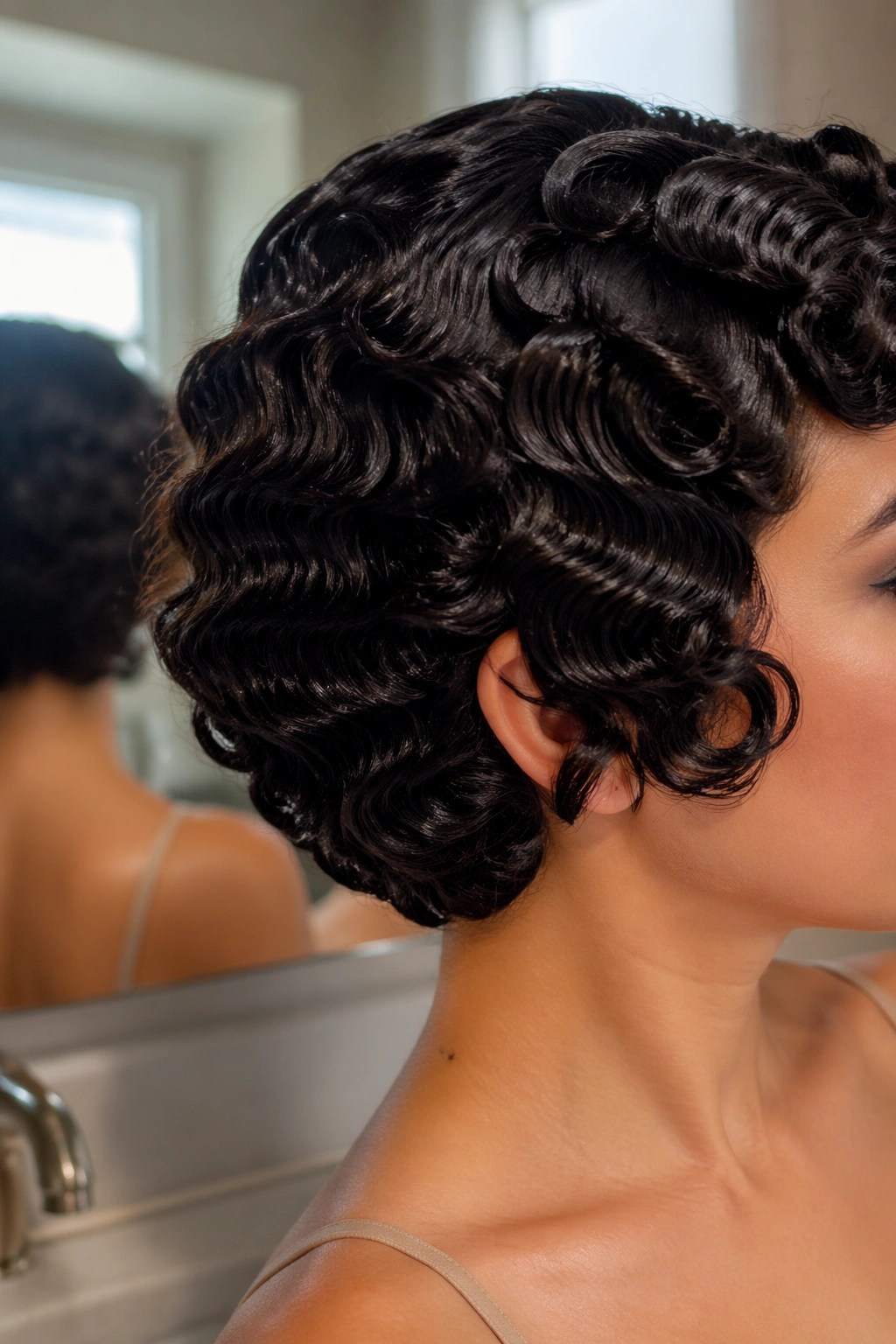 Close-up of sculpted finger waves on a cropped curly bob.