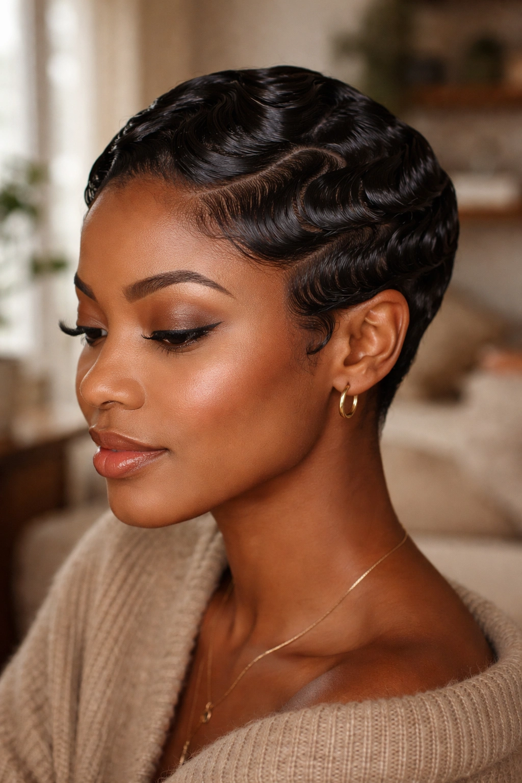 Close-up of a real woman with short hair showing glossy finger waves in warm window light.