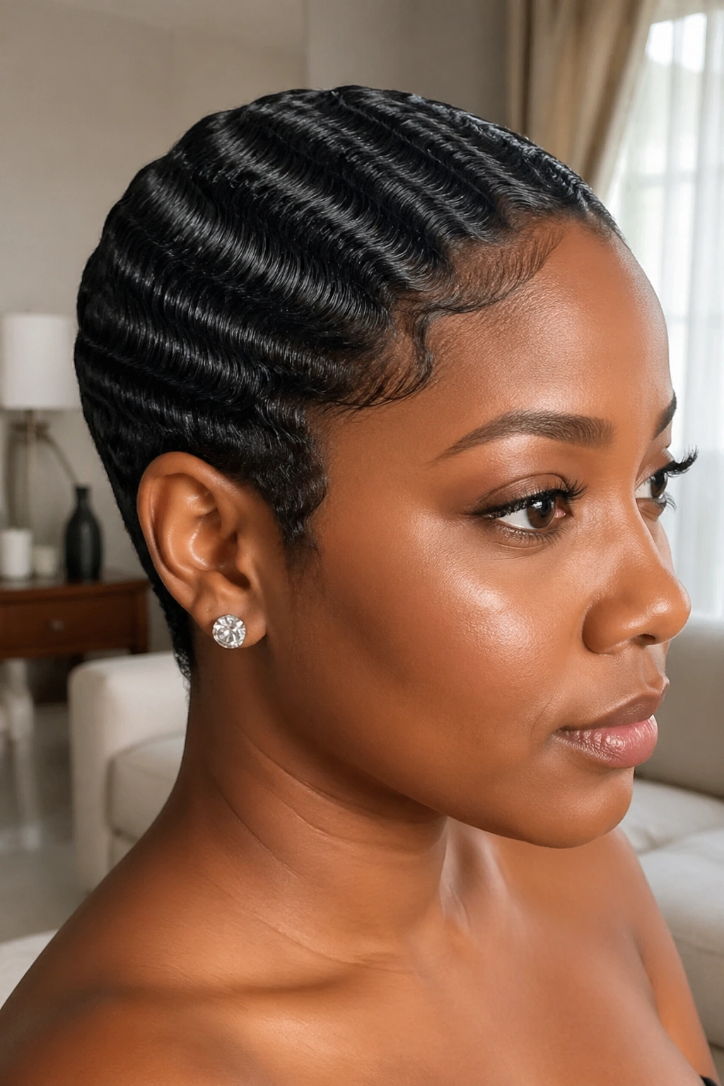 Close-up of a real woman with finger waves on a TWA