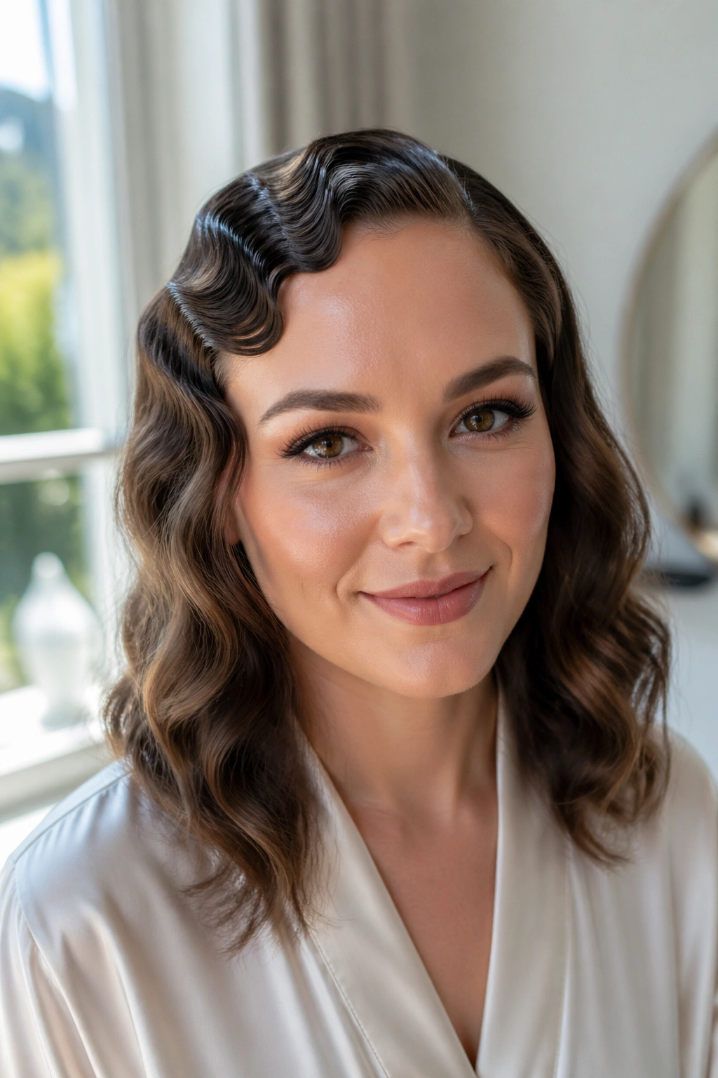 Real woman with front finger wave ridges and soft rest of waves in a bright bridal suite