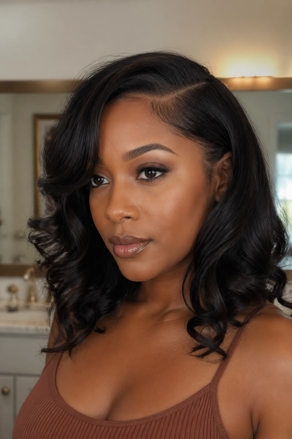 Woman with silk-pressed hair and a subtle glossy finish