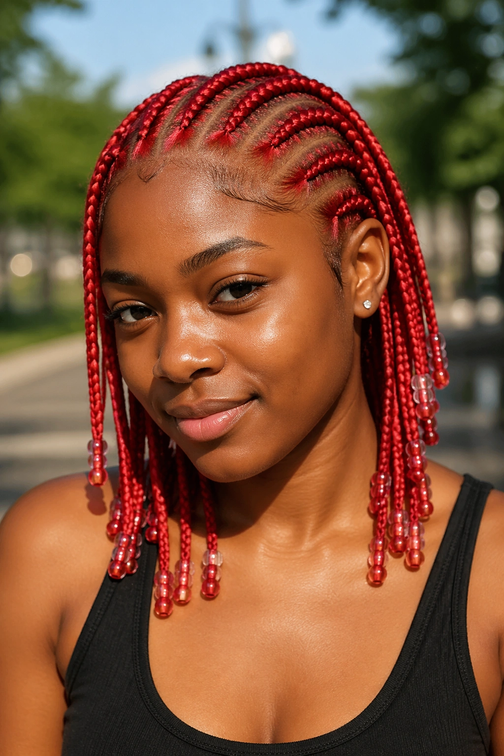 Portrait of a real person with fire engine red cornrows and beaded ends.