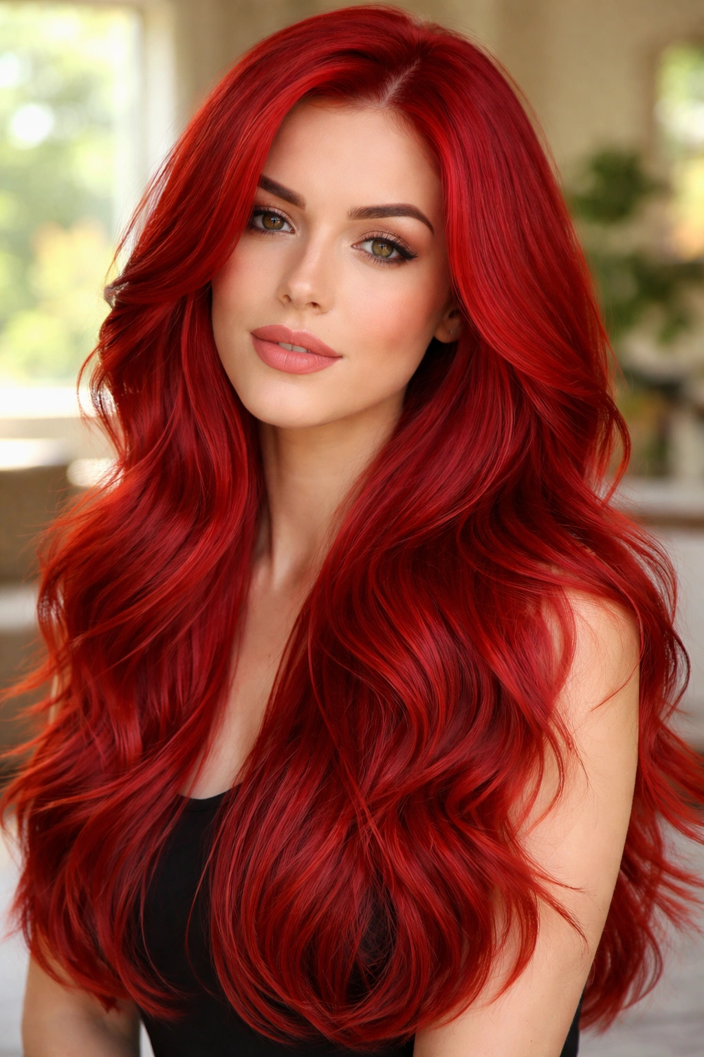 Close-up portrait of a woman with fire-engine red long wavy hair showing invisible layers under warm window light.