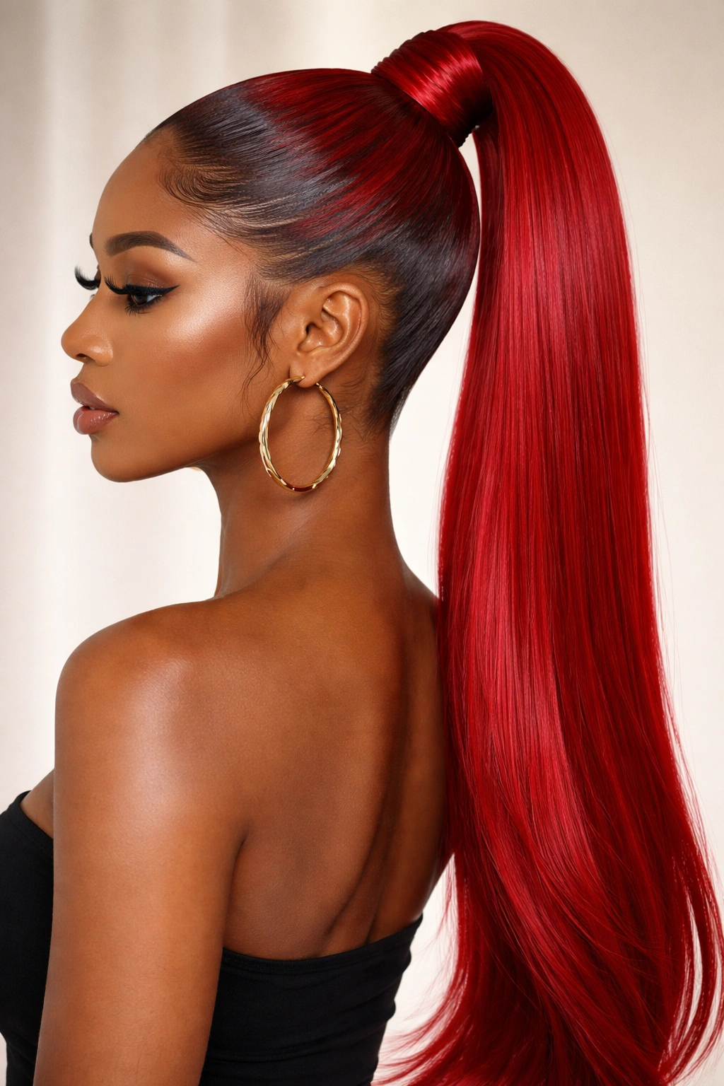High, tight fire-engine red ponytail with glossy finish.