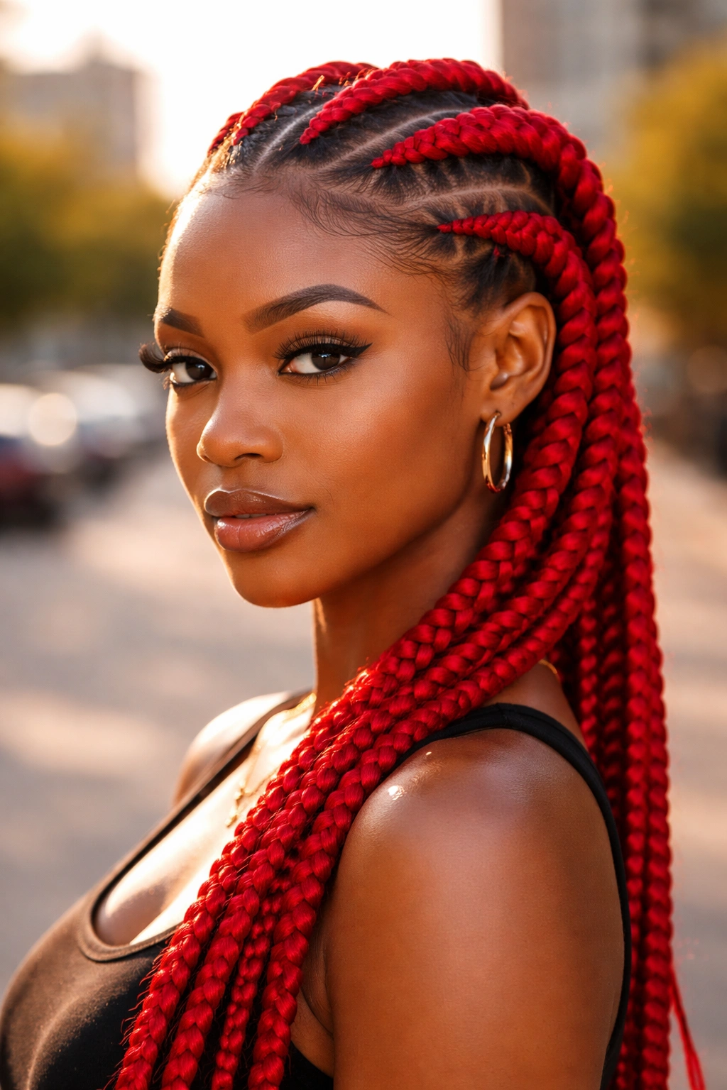 Close-up portrait of a real woman with fire red jumbo cornrows