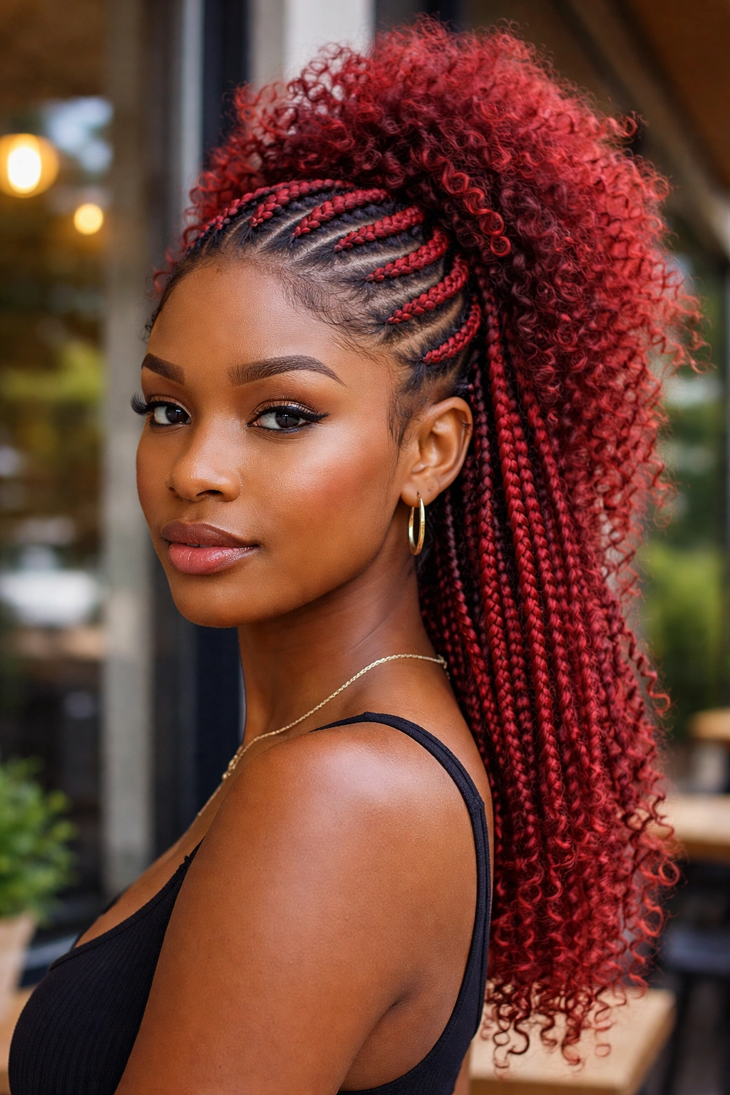 Close-up of fire red cornrows with a loose top on a real person